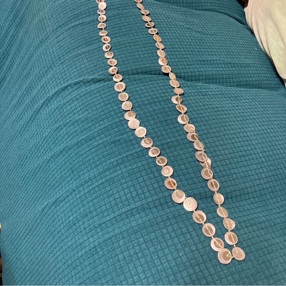 Vintage silver tone chain necklace, double strand, Bar and Rolo styles, long.